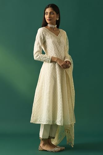 Wishful Women's Off-White Embroidered Anarkali Cotton Blend Kurta with Straight Pants and Dupatta Set - (SP12572-314255-L)