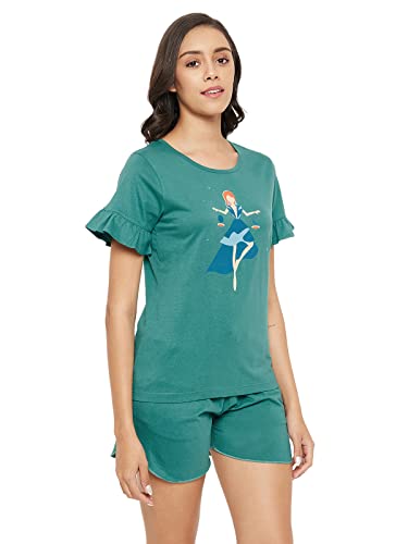 Clovia Women's Cotton Libra Print Top & Shorts Set (LS0555G36_Teal_S)