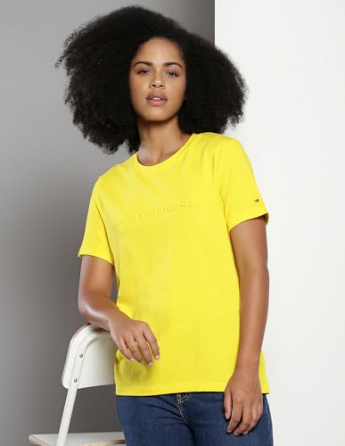 Tommy Hilfiger Women's Solid Regular Fit T-Shirt (S24HWKT249_Yellow