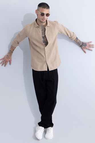 SNITCH Men Casual Shirt | Slim Fit Full Sleeve Spread Collar Striped Design | Premium Cotton & Textured Fabric for College & Everyday Wear | Beige