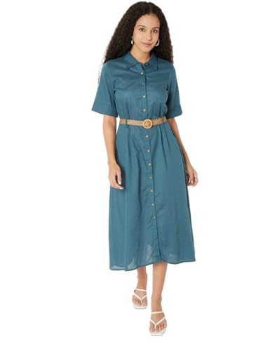 Max Kalki x Max Women Solid Shirt Midi Dress with Belt (Teal_L)