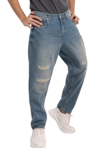 SNITCH Men Jeans | Baggy Fit with Distressed Design & Raw Cuffs | 100% Cotton Fabric for Streetwear & Summer Casuals |Blue
