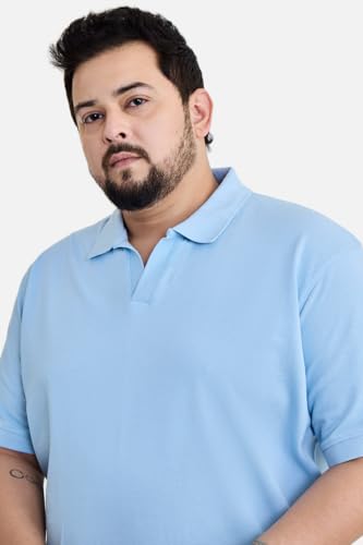 SNITCH Plus Size Men Polo T-Shirt | Modern Buttonless Open Cuban Collar & Short Sleeve | 100% Breathable Cotton Pique Knitted Fabric for Casual Wear & Everyday Comfort | Light Blue