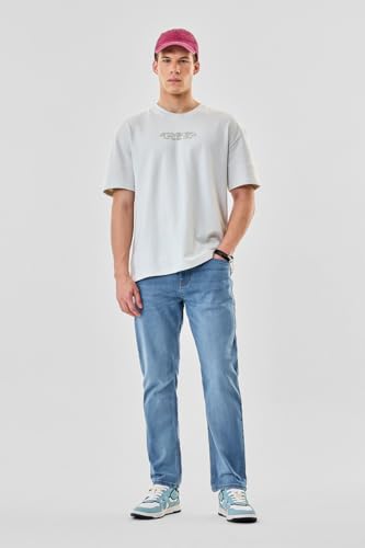 SNITCH Men Jeans | Relaxed Fit Mid Rise Straight Leg | Cotton Blend with Medium Stretch & Stone-Wash Design for Casual Wear & Everyday Comfort | Light Blue