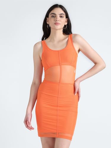 Calvin Klein Women's Polyester A-Line Above The Knee Dress (J221463SDD_Orange_S)