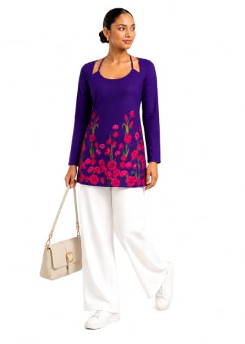 Threadflix Women Floral Printed Long Sleeve Tunic Top | Stylish Cut-Out Neck Casual Kurti | Corset Back & Laila Kurti | Soft Stretch Western Top for Women & Girls
