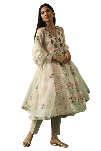 Wishful Women's Off-White Floral Embroidered Nylon Anarkali Kurta with Straight Pant and Dupatta Set - (SP12537-400316-XS)