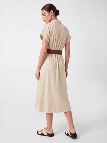 Max Women Solid Shirt Dress with Belt(Beige_S)