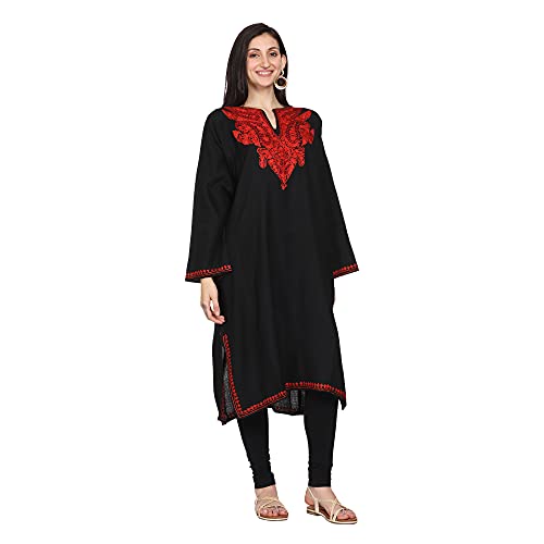 CRAFTBAZAR Kashmiri Woolen Black phiran with red Embroidery Plus Size