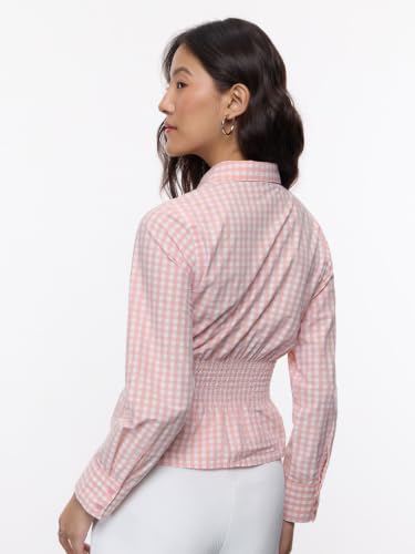 The Souled Store Picnic Plaid: Women and Girls Full Sleeves Spread Collar Pink Checked Cotton Slim Fit Smocked Waist Lightweight Easy to Style Trendy Summer Ready Shirt