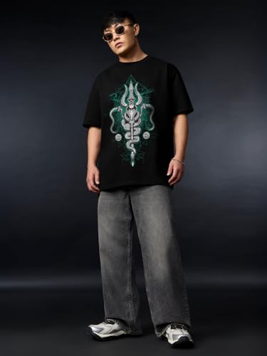 The Souled Store Trilok: Mahashivaratri Men and Boys Short Sleeves Round Neck Black Graphic Printed Casual Lightweight Drop Shoulder Streetwear Trendy Oversized T-Shirt