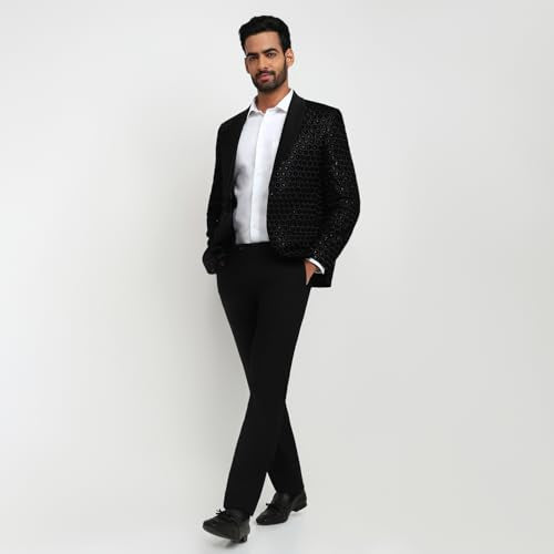 Park Avenue Men Modern Slim Fit Solid Pattern Pure Polyester Shawl Collar Full Sleeve Ceremonial Suit Black