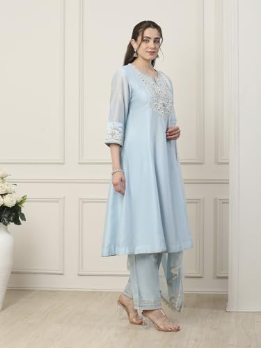 BIBA Women Blue Silk Chanderi Kalidar Suit Set_32