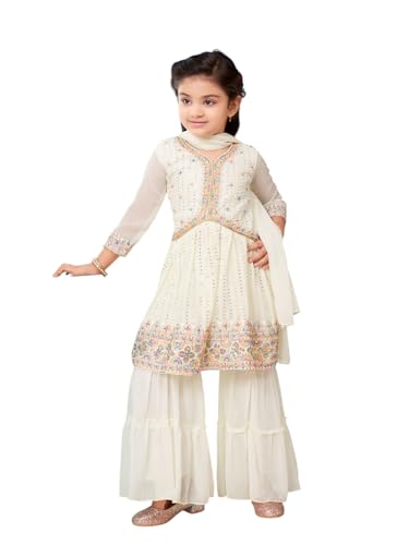 Aarika Girls Ethnic Wear Cream Colour Thread Sequin Embroidery Georgette Kurti Sharara Set (5-11 Years)