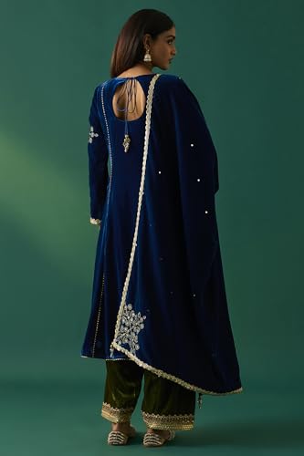 Wishful Women's Blue Embroidered Velvet Anarkali Kurta with Salwar and Dupatta Set - (SP12854-223811-L)
