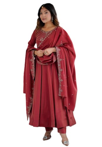Leeli Peeri Designer Women's Chanderi Silk Embroidery Work Anarkali Kurta Set With Dupatta.