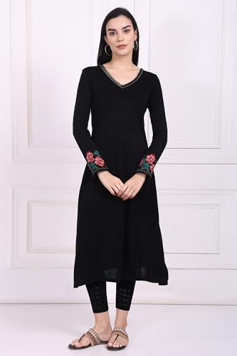 W for Woman Black Embroidered A-Line Acrylic Kurta (W13440-223871-M)