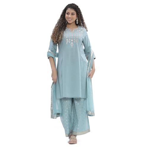 Biba Women Dull Blue Cotton Kalidar Suit Set_36