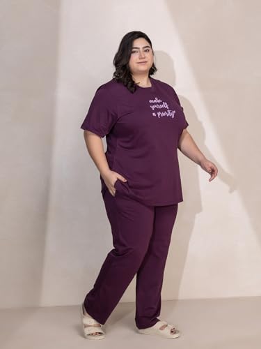 TITTLI Women Plus Size Pure Cotton Typography Printed Nightsuit Set | T-Shirt and Pyjama Nightwear | Soft Cotton Sleepwear with Pockets | Lounge Wear for Women | L to 8XL Wine