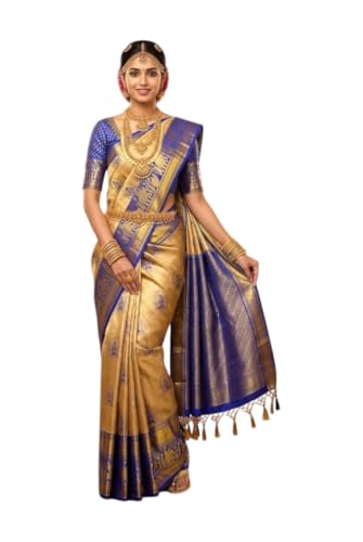 VFCollections Women's Traditional Handloom Kanchipuram Silk Pure Pattu Sarees Royal Wedding Border & Bridal Butta | Rich Zari Woven Design | Bridal Saree | Unstitched Blouse