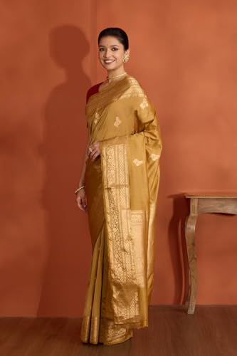 Taneira Women Brown Silk Viscose Kadwa Banaras Inspired Design Saree with Unstitched Blouse Piece (SAPH04AA0478-Brown)