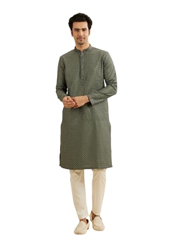 Manyavar Men's Art Silk Embroidery|Sequin Work Kurta Pyjama Set (Olive Green,XXL)