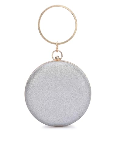 TOOBA Sparkling Silver Round Floral Synthetic Clutch – Stylish Rhinestone Handle Purse for Women, Ideal for Weddings, Parties & Festive Occasions