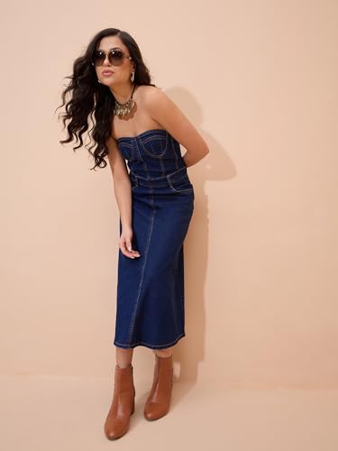 Sassafras Women Navy Blue Denim Wash Tube Dress-XL