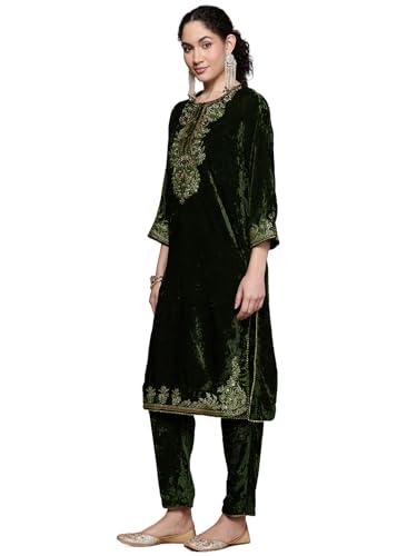 Aarke Ritu Kumar Bottle Green Nazara Festive Round Neck Kurta With Pant And Dupatta