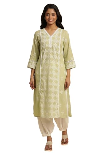 W for Woman Women's Cotton Floral Regular Kurta (24FEW10491-123114_Light Green