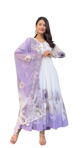 SAMUYA Women’s Fully Stitched Faux Georgette Embroidered Sequence Work Gown – Ready-to-Wear Ethnic Outfit for Parties & Festive Occasions (in, Alpha, XL, Regular) Purple and White