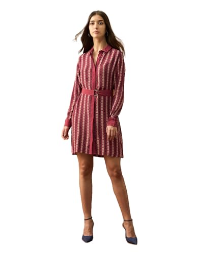 U.S. Polo ASSN. Women Abstract Printed Mini Shirt Dress with Belt (UWAW25DRS193_Red_S)
