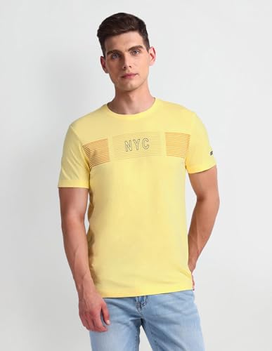 Arrow Typographic Print Cotton Fit T-Shirt (ASAEOTS5102_Yellow_M)