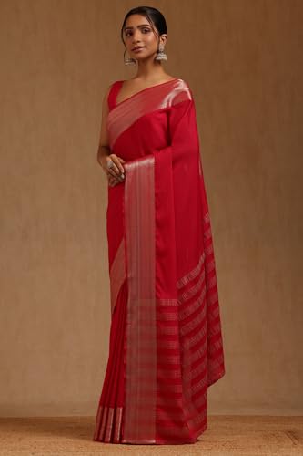 Soch Womens Fuchsia Georgette Solid Saree With Zari Woven Border And Pallu