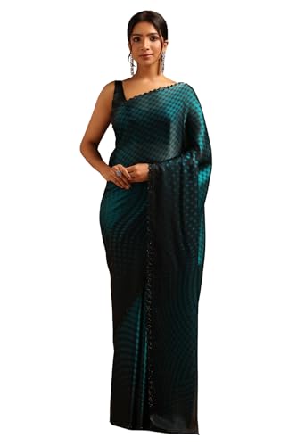 Soch Womens Turquoise Blue Organza Geometric Saree With Stone Work