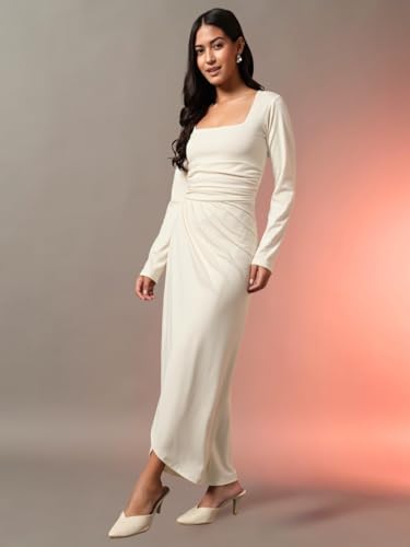 Trend Arrest.ed Women's Draped Bodycon Maxi Dress | Long Sleeve Square Neck Gown | Elegant Ruched Party Dress (Off White,S)