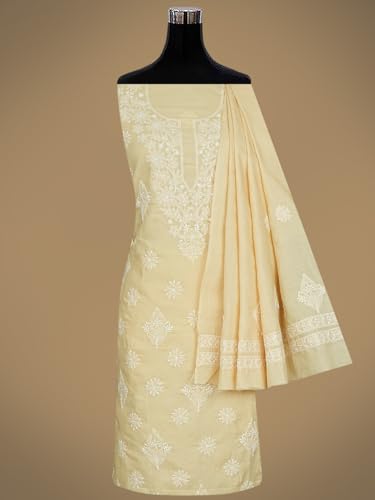 Ada Hand Embroidered Lucknowi Chikankari Unstitched Cotton Dress Material Suit Piece with Dupatta for Women 01A765261 Fawn