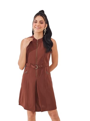 Latin Quarters Women's Brown Solid Sleeveless Mandarin Neck Casual A-Line Dress_XL