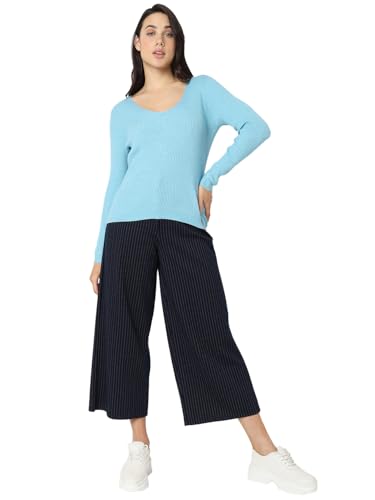 VERO MODA Women Solid Blue Viscose Regular Fit Pullover Sweater