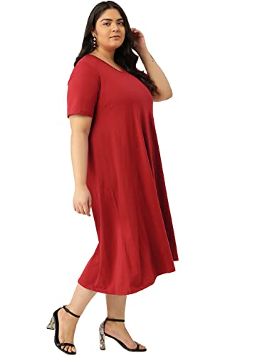 theRebelinme Plus Size Women's 4814DC_Maroon Solid Color V-Neck Cotton A-Line Dress(XXXXXL)