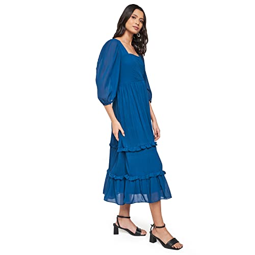 AND Women's Polyester Fit Flare Calf Length Dress (FW22AJ044DRPG_Teal_S)