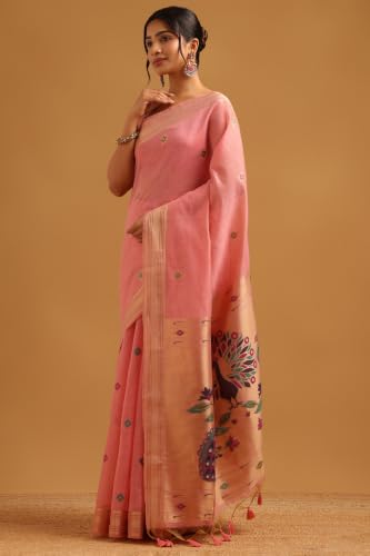 Soch Womens Pink Chanderi Bird Motifs Zari Woven Saree With Tassel