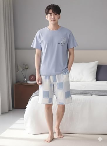JVX Mens Korean Night Dress || Short Pyjama Set || Korean Nightsuit ||Men Nightwear ||Round Neck Short Sleeve Nightsuit || Loungewear || Everyday Nightdress (MPS-02)