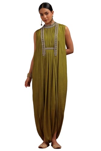 Soch Womens Light Green Chinon Botanical Print Dress with Beads and Stones