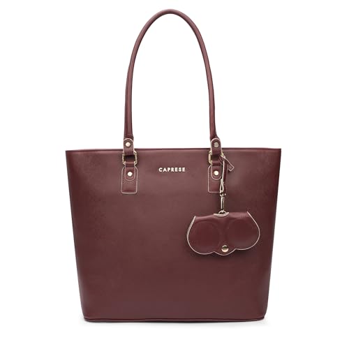 Caprese Lexi Large Laptop Tote Bag for Women | Solid Faux Leather Shoulder Handbag with Zipper Closure | External Eyewear/Sunglass Charm Case | Perfect for Office & Travel Use (Cherry Lacquer)