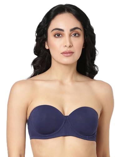 BLOSSOM Strapless Bra Double Layered Seamless Medium Coverage Anti Bacterial Padded Wired Detachable Straps T-Shirt Bra Navy Blue