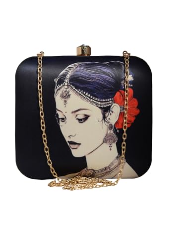 Artklim Black Based women portrait Printed Clutch