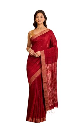 Taneira Women Dark Red Woven Pure Silk Vanya Bengal Saree With Unstitched Blouse Piece (SAPH01AC6405-Dark Red)