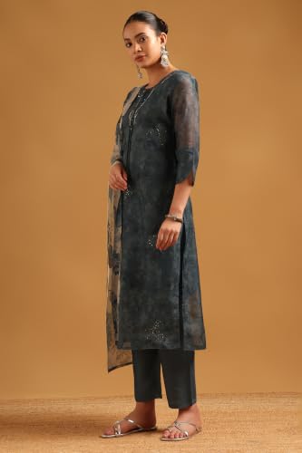 Soch Womens Grey Chanderi Digital Printed Botanical Salwar Suit With Cutdana