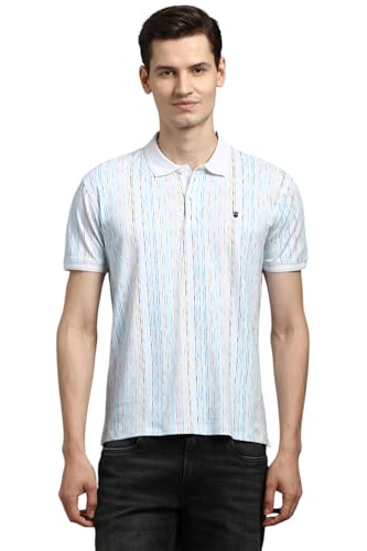 Louis Philippe Men White Stripe Polo Neck T-Shirt